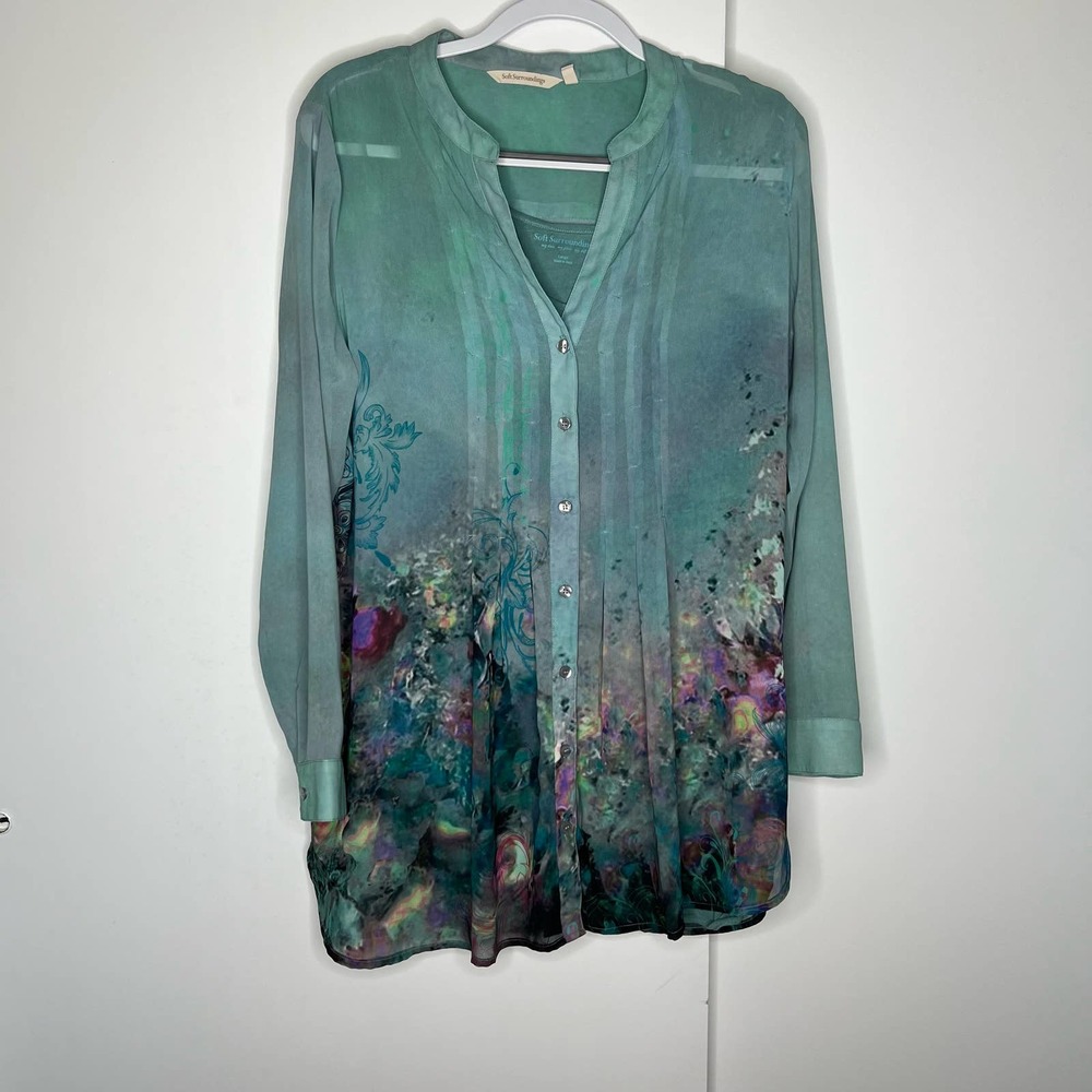 Soft Surroundings Fantasia Floral Button Front Watercolor Tunic Blouse Large